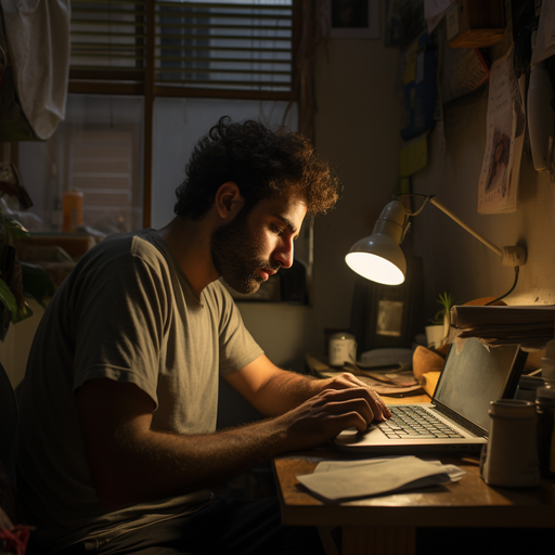 A young Israeli entrepreneur working tirelessly at a small desk in a cramped apartment