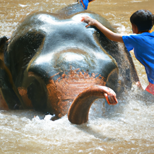 ילדים רוחצים פיל במחנה שימור תאילנדי
