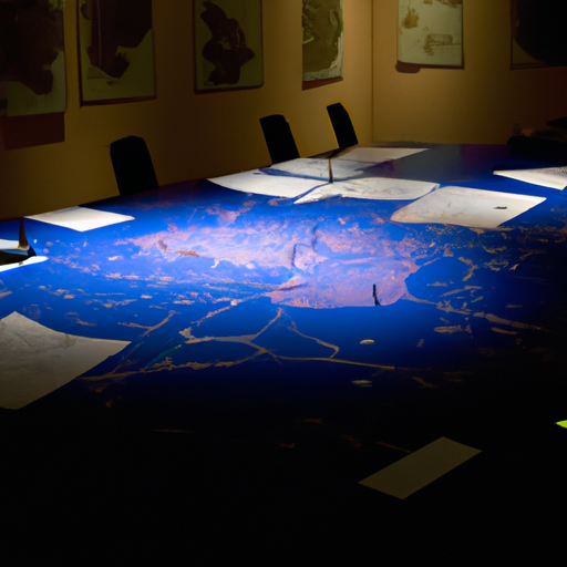 תמונה של חדר מואר אפלולי, מלא במפות ובנקודות מדויקות, המייצג את הפעולות האסטרטגיות של 'בטים'